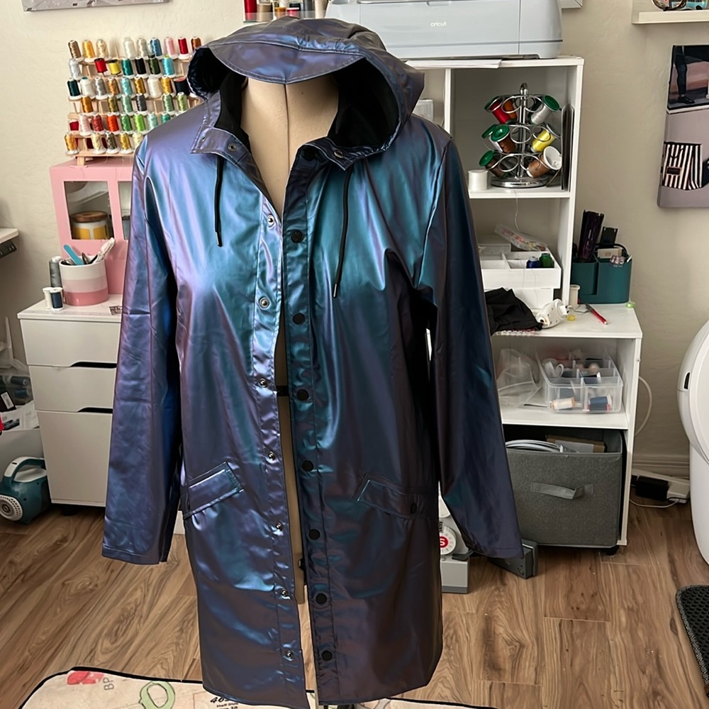 New! RAINS Long Coated Rain Coat Jacket in blue